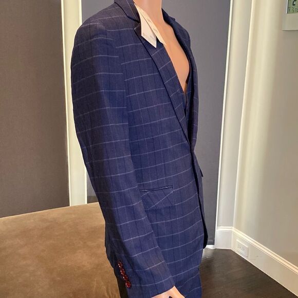 Men’s Mogu Blue Plaid 3 Piece Slim Fit Suit Jacket 40 Pants 36 NWT - Picture 6 of 14